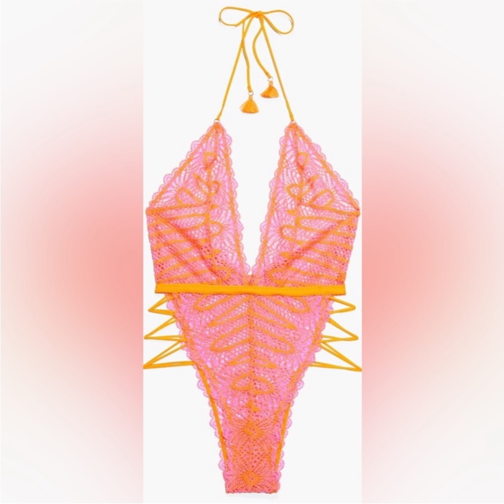 Savage X Fenty Pink and Orange Lace Halter Teddy